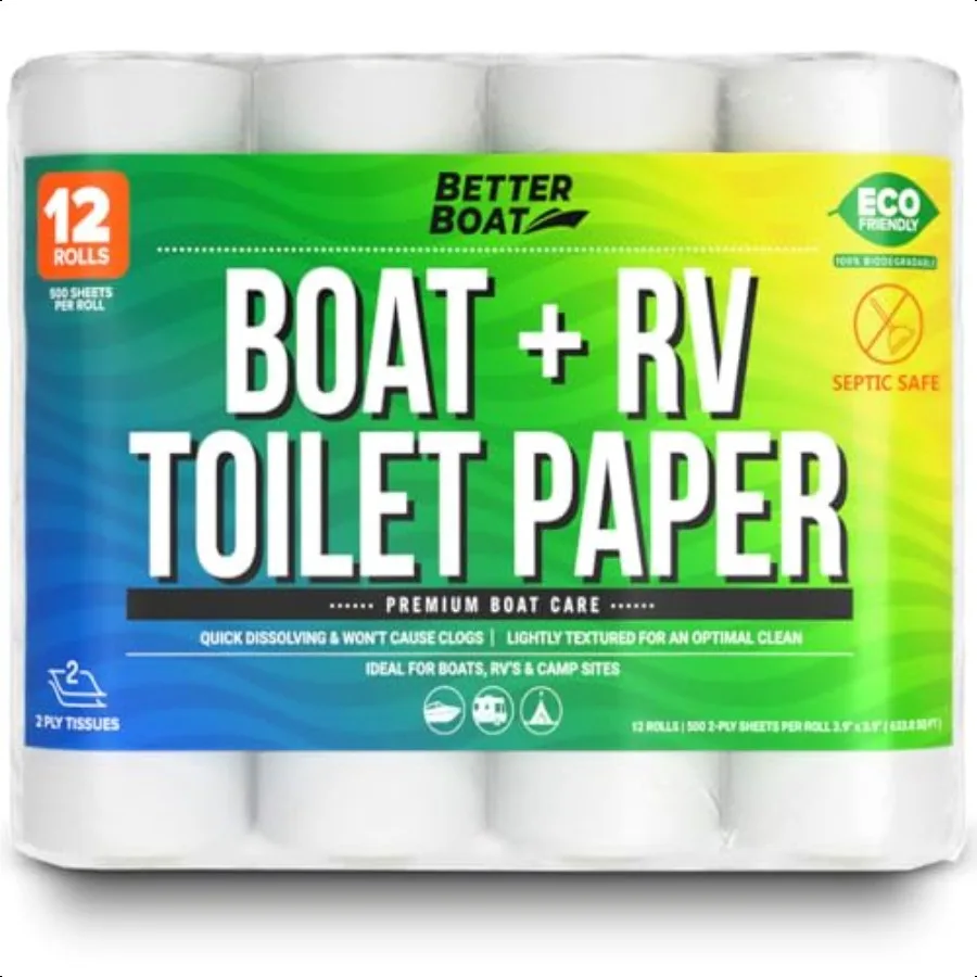 

Boat and RV Toilet Paper Septic Safe Quick Dissoing Tissue 12 Single Rolls Biodegradable 2Ply for Marine Travel and Camper Syst