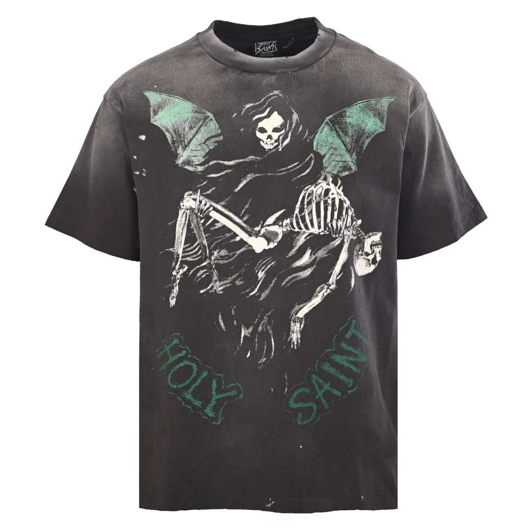 Gothic Street Distressed Washed Fabric Front‑Back Skeleton Reaper Print Short Sleeve Tee Unisex Oversized Loose T‑Shirt