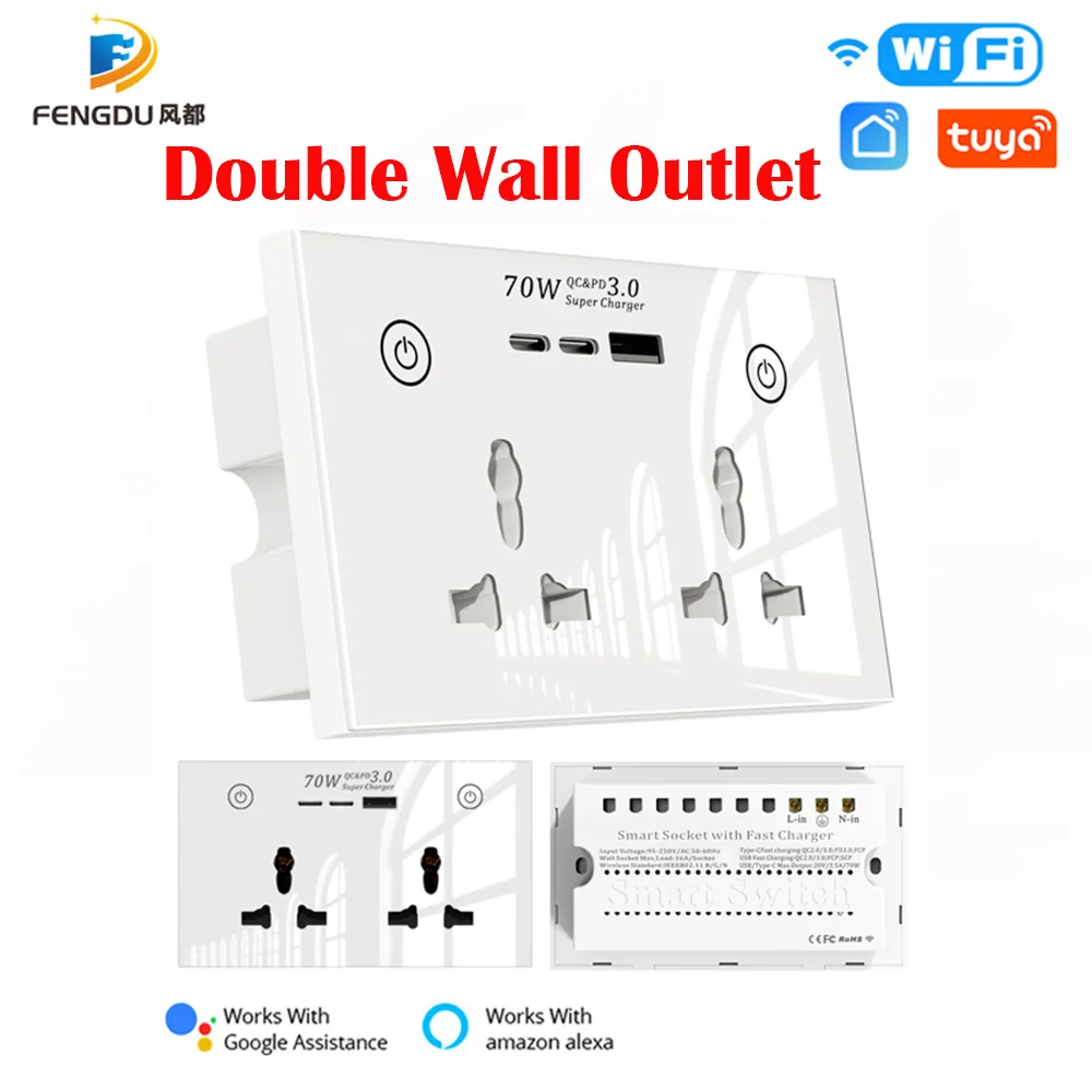 

Smart Life Two Outlets 70w Fast Charge USB Type C Siri Alexa Google Home Tuya APP WiFi Smart Wall Double Socket