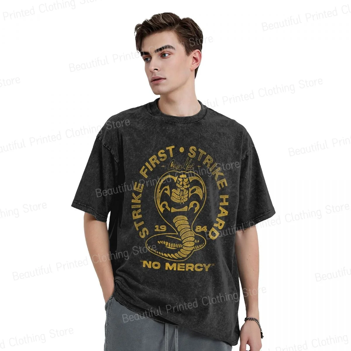 Men Women Cool Retro washed T-Shirt Cobra Kai Strike First Strike Hard 1 Printed Short Sleeved T-shirts Street Short Sleeve