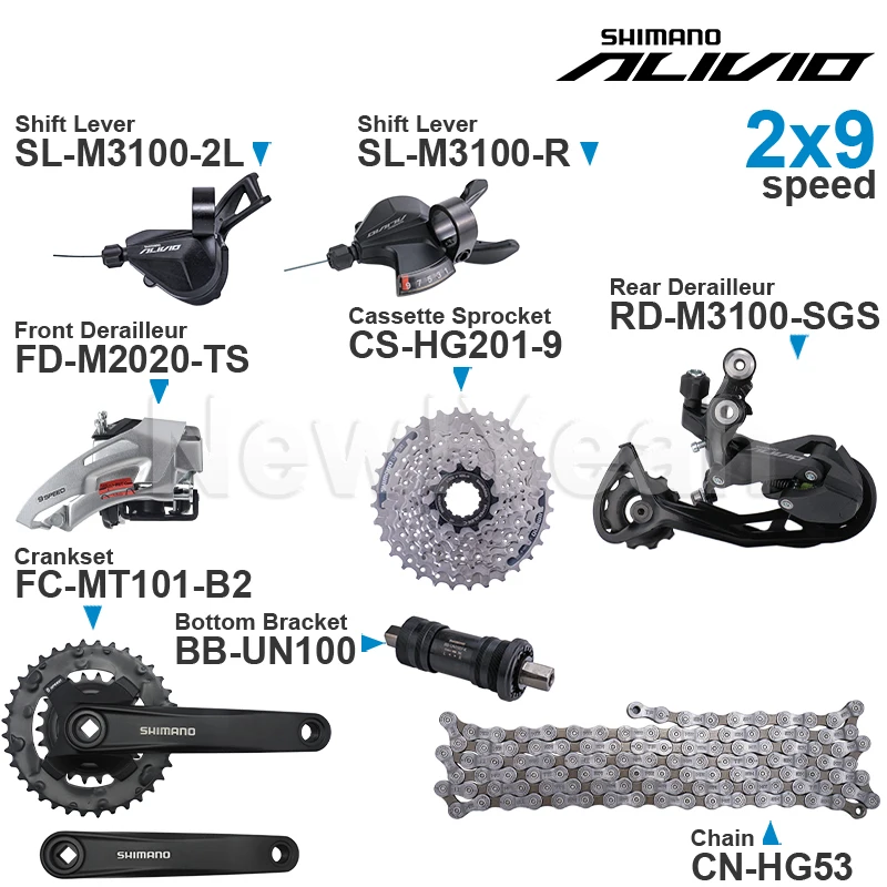 SHIMANO ALIVIO M3100 2x9 speed Groupset with Shifter REAR and M2020 Front DERAILLEUR HG200 HG201 Cassette Sprocket COG Chains