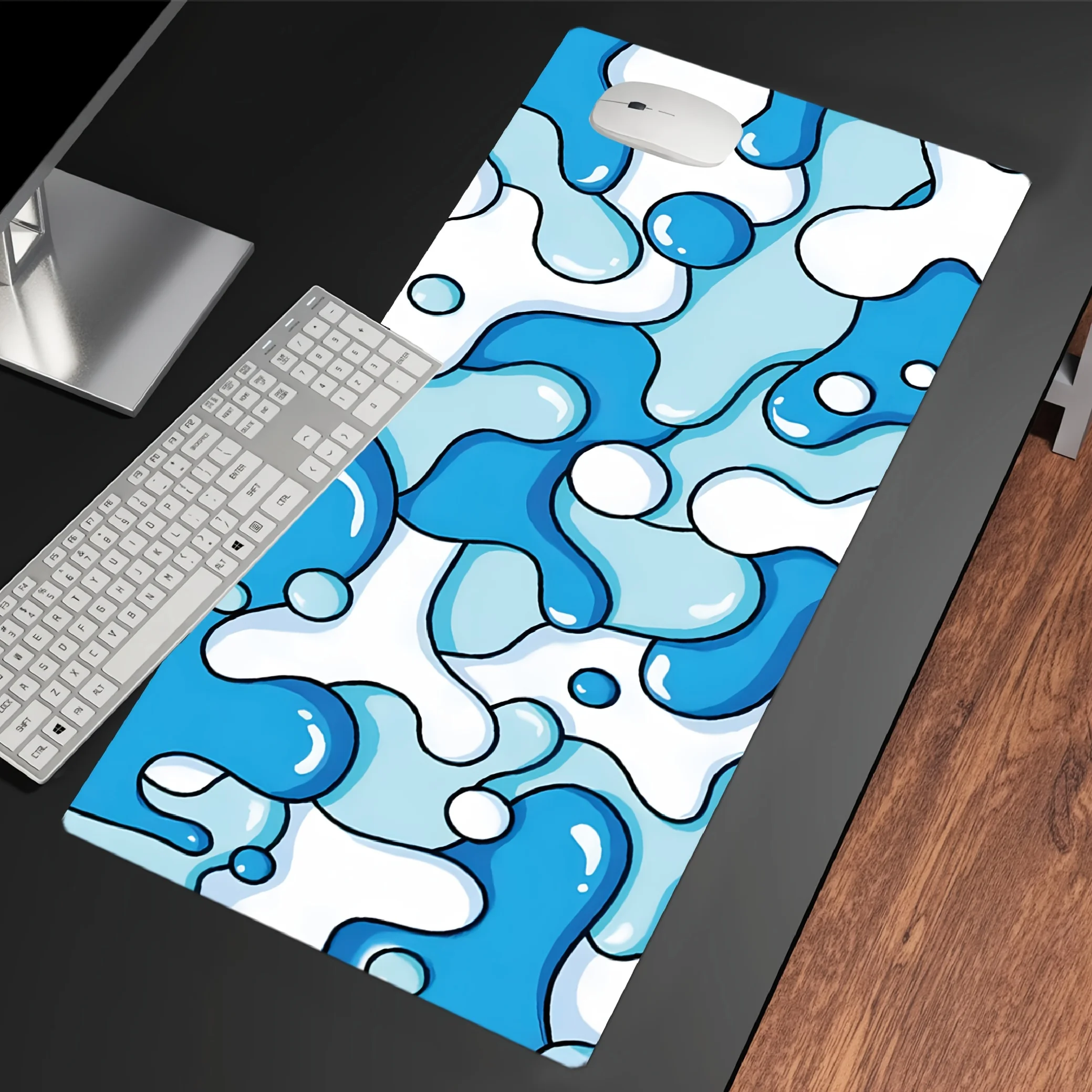 Blue & White Liquid Pattern Gaming Mouse Pad, Large Non-Slip Desk Mat, Durable & Water-Resistant for Gamers, Office & Home