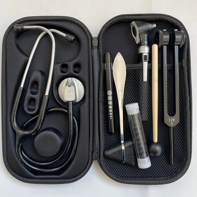 Medical examination kit, otoscope, stetho-scope, electric pen, percussion hammer 128 tuning fork eva nylon bag set