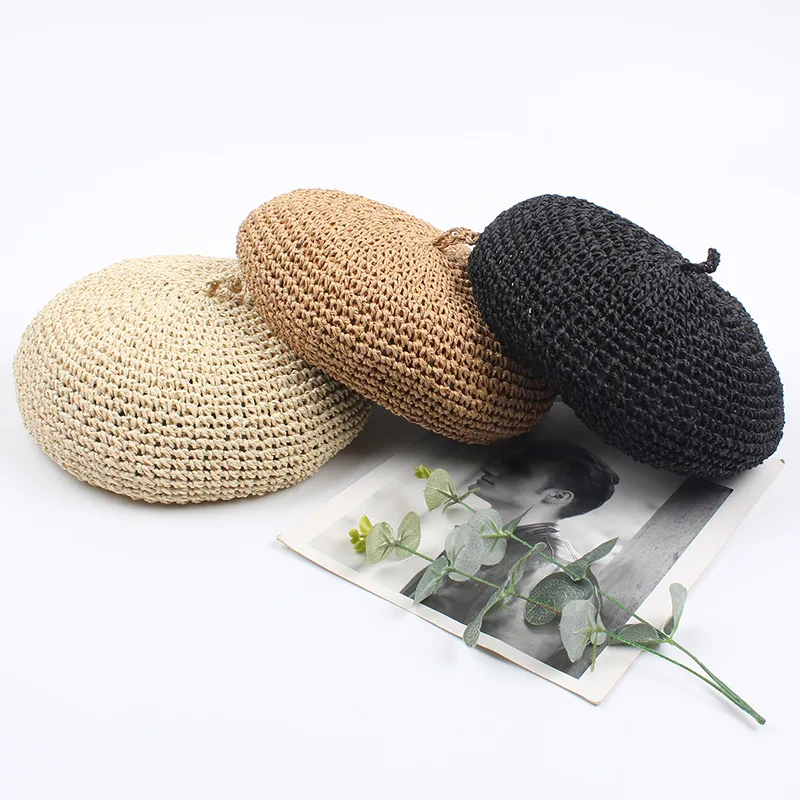 New fashion berets adjustable straw beret women straw hat Ladies Flat Solid Cap French Style Hand Hook Papyrus Beret Hat
