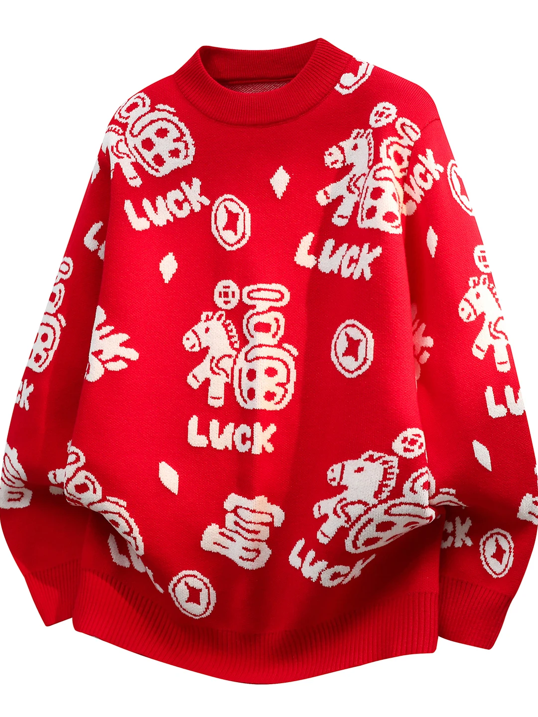 

Новогодний красный свитер с вышивкой букв LU, круглый вырез, мужской, свободный крой, модный брендовый вязаный свитер, красный свитер в стиле китайского зодиака