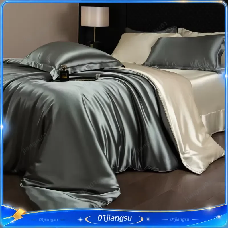 Luxury Silk Bed Sheets Set with Duvet Cover Fitted Flat Sheet Pillowcases Rayon Blend King Queen Full Twin Size Soft