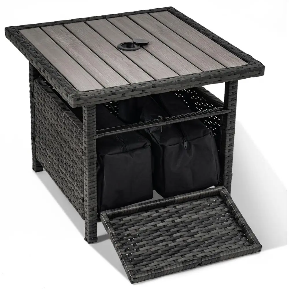 

Umbrella Stand with 2 Weight Bags, Patio 22 in Wicker Side Table with Umbrella Hole, All Weather Small Rattan Umbrella Base or D