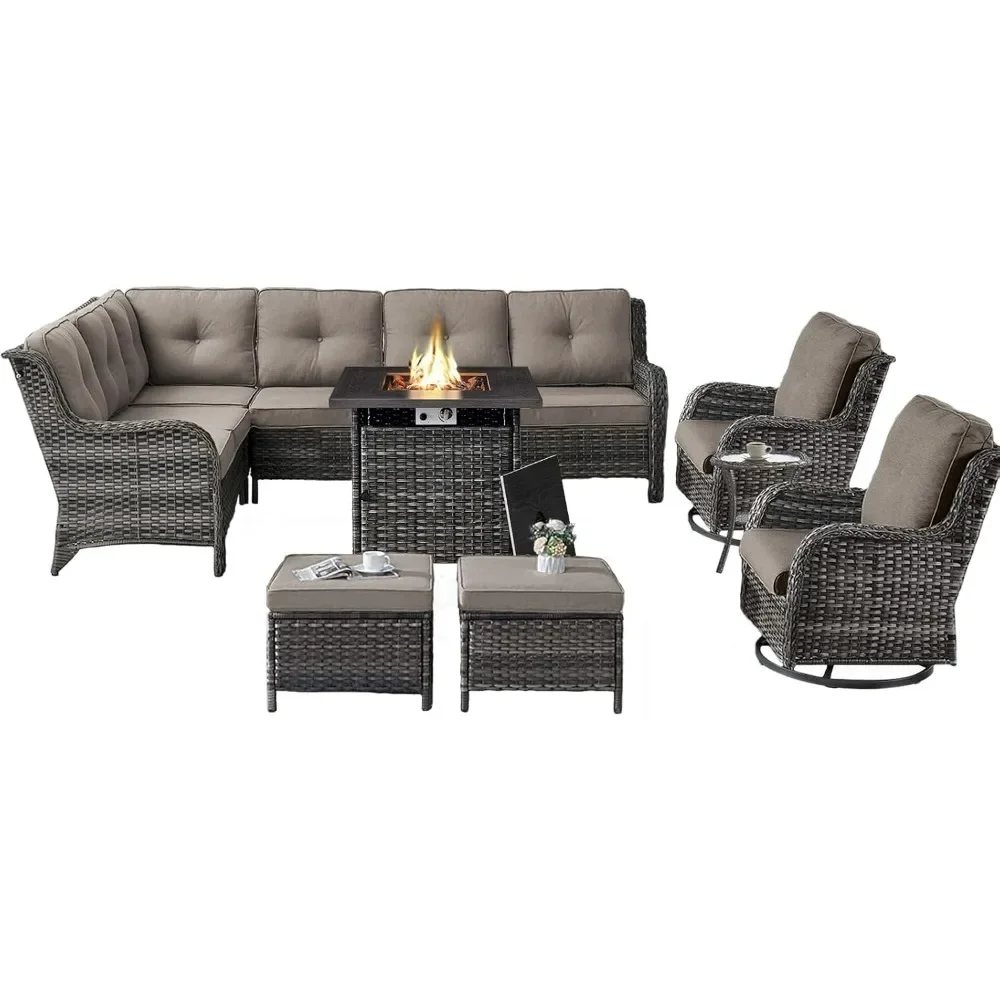 

Outdoor Sectional Furniture Sofa Set with 50000BTU Propane Fire Pit Table, Conversation Set with 2 Swivel Rocker Glider Chairs