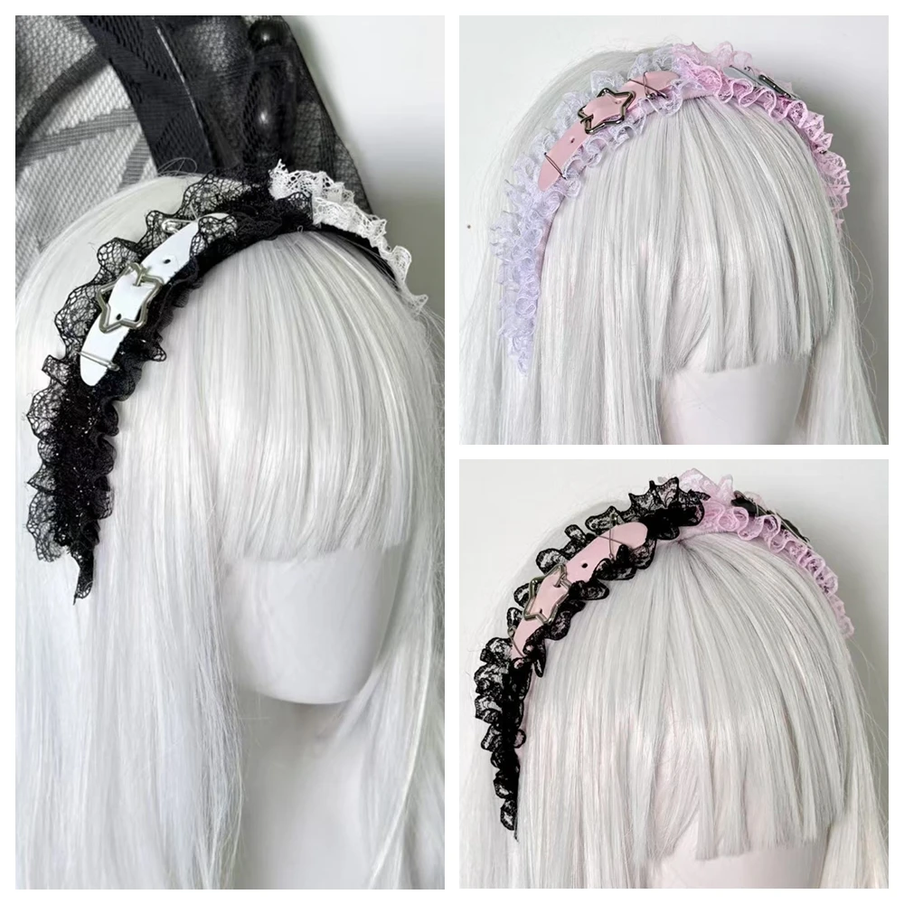 Lolita Punk Gothic Handmade  Heart-shaped Leather Buckle Pin Lace Ruffle Headband Hair Hoop Subculture Y2K Hair Accessories