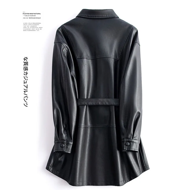 2024Autumn Long Black PU Leather Trench Coat for Women Top Single Breasted Sheep Leather Jacket Loose Korean Lady Casual Outwear