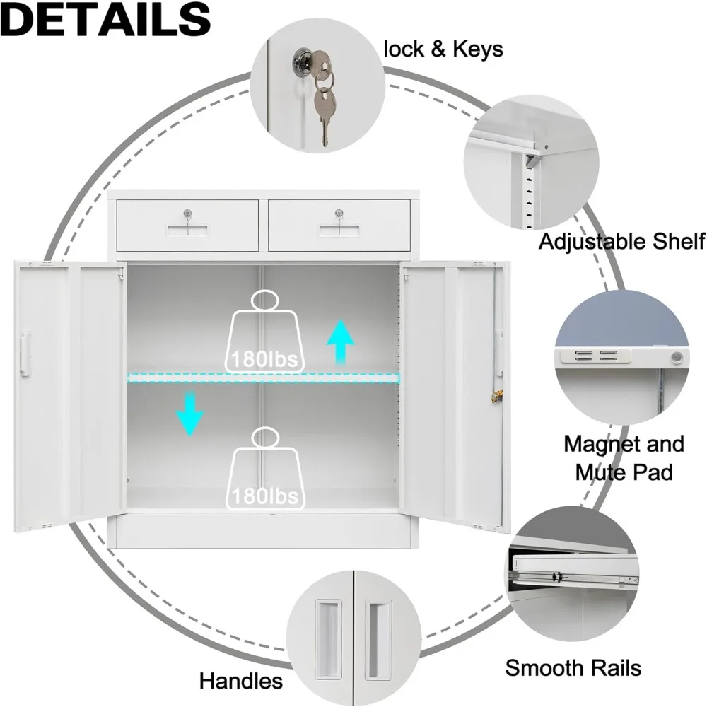 خزانة تخزين معدنية، خزانة تخزين بقفل مع رف قابل للتعديل، خزائن معدنية 36 بوصة ارتفاع مع درجين للمكتب والمرآب، #4