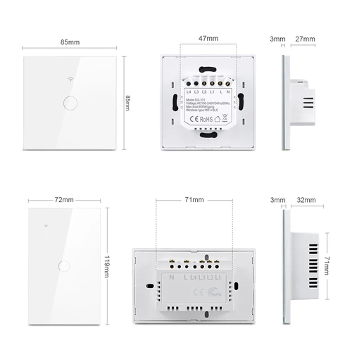 Imagen 2 del producto Interruptor inteligente con WiFi, dispositivo con o sin cable neutro, funciona con Apple Homekit, Siri Voice, US EU, 90-240V, 1/2/3 entradas