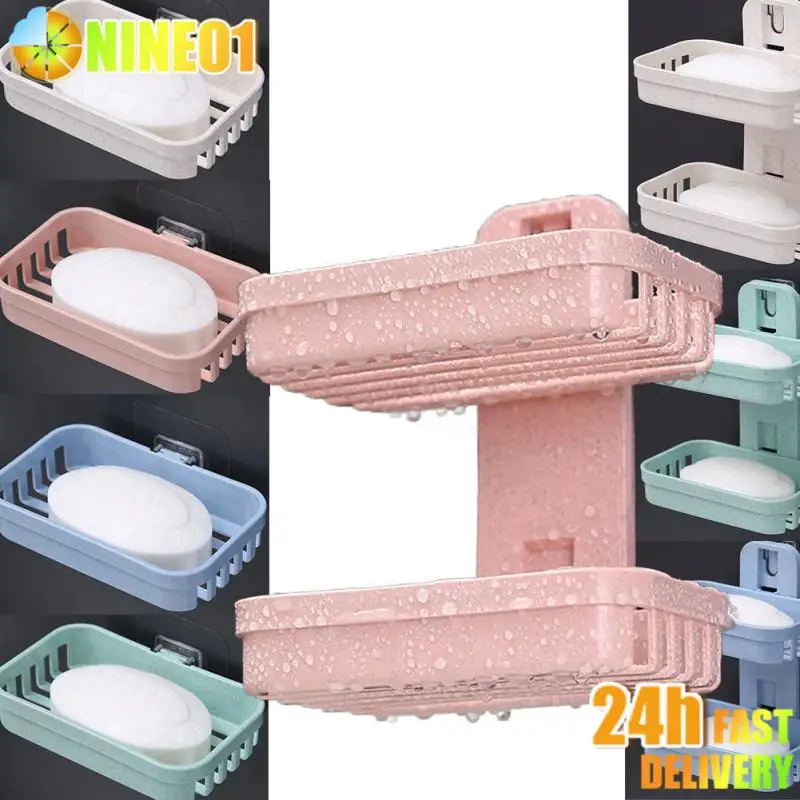 Soap Dishes No Drilling Wall Mounted Double Layer Soap Holder Soap Sponge Dish Bathroom Accessories Soap Dishes Self Adhesive