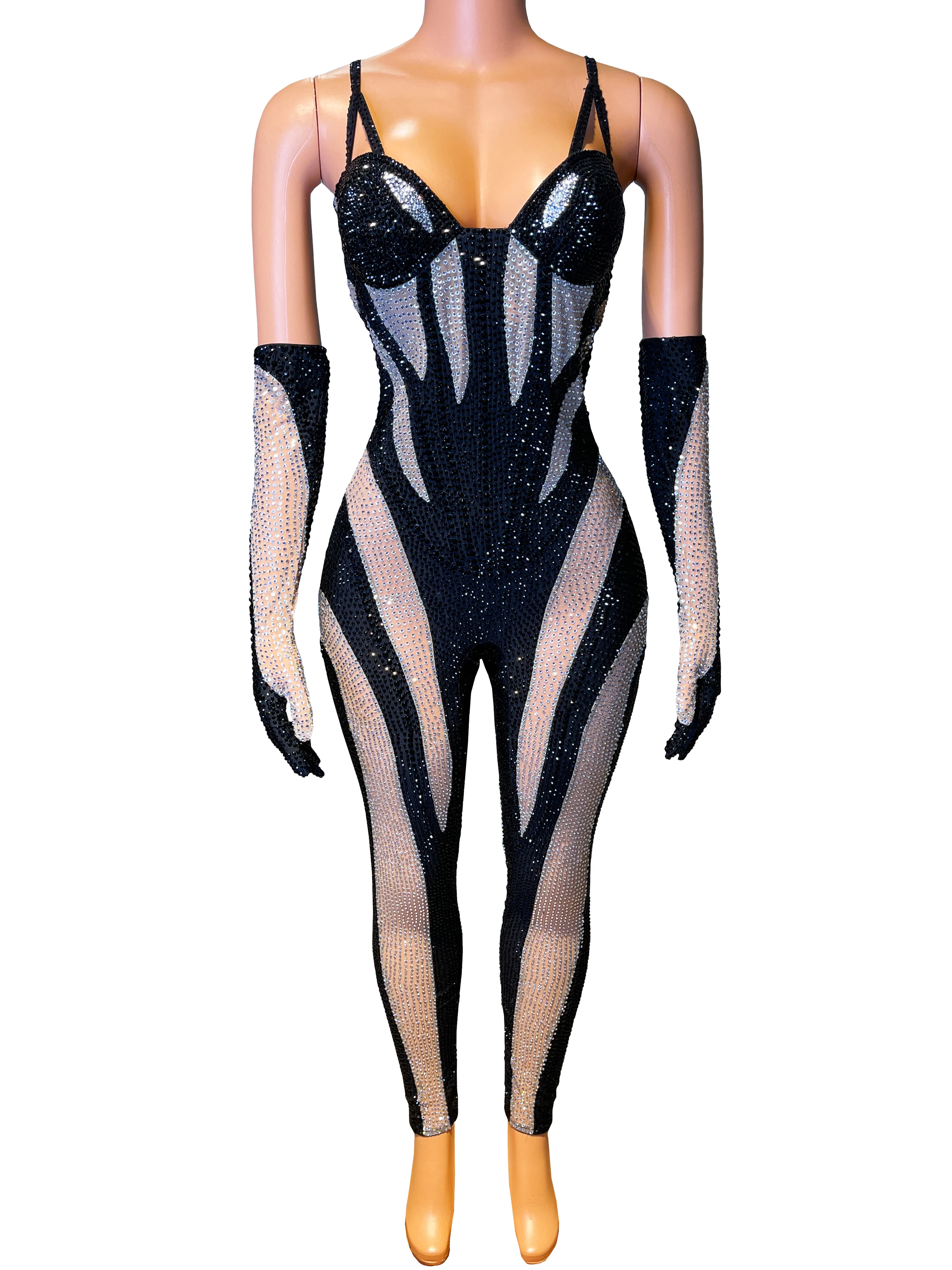 

Black Party Jumpsuit Rhinestones Sexy Strapless Bodysuit Elegant Evening Party Dance Performance Pole dancing clothes Costume