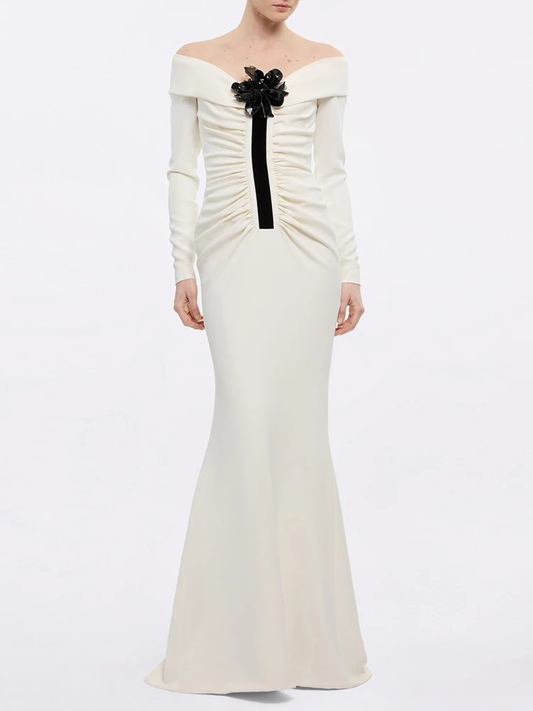 Sexy Off The Shoulder Flower Folds Slim Maxi Dress Women Beige Long Sleeves Florals Dresses Evening Party Formal Gowns