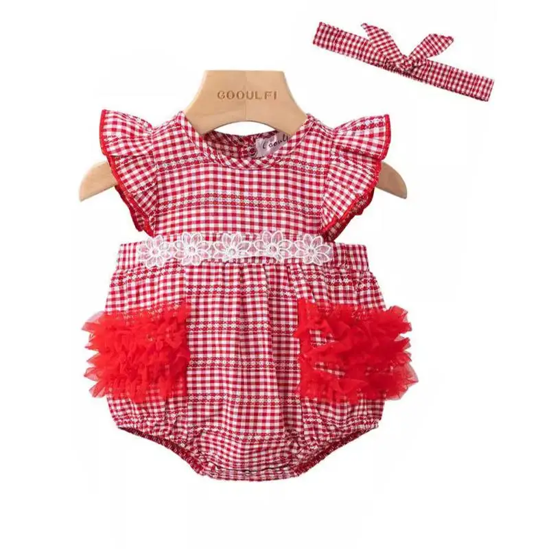 

Newborn Girls Plaid Bodysuits Summer Spanish Baby Clothes Girl Birthday Party Jumpsuit Infant Lace Romper Toddler Baptism Outfit