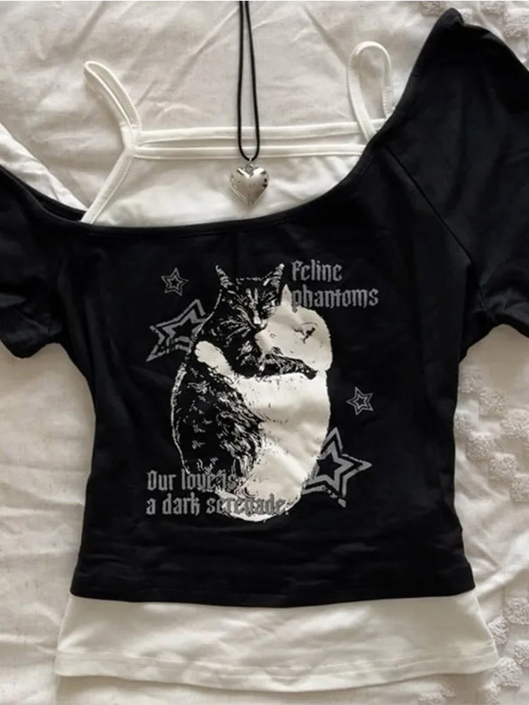 Asthetische Goth Fledermaus Brief Y2K Stil zweitelige T-Shirt Kurzarm Weste Harajuku Streetwear Hosentrger Frauen Kleidung Shirt