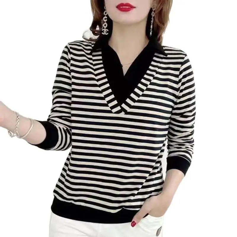 

High Quality Cotton stripe T Shirt Women's Spring Autumn Fake Two-Piece Long Sleeve T-Shirt Middle-Aged Elderly Mothers Tops