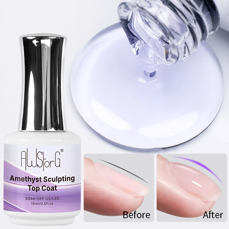 AWStorG 15ML Amethyst Sculpting Top Coat  Not Yellowing Transparent Super Bright Soak Off UV LED Gel Varnish Top Coat Nail Art