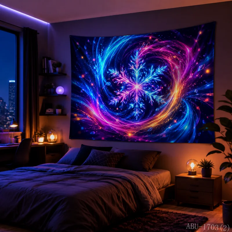 VIKAMA Neon Blue Purple Orange Vortex Snowflake Galaxy Starry Gem Radiant Christmas Tapestry Wall Hanging Bedroom Living Room