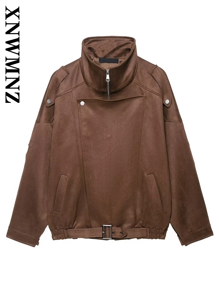 

XNWMNZ 2025 Осенняя женская повседневная верхняя одежда из искусственной кожи с воротником-стойкой и длинными рукавами, простая винтажная женская коричневая модная куртка