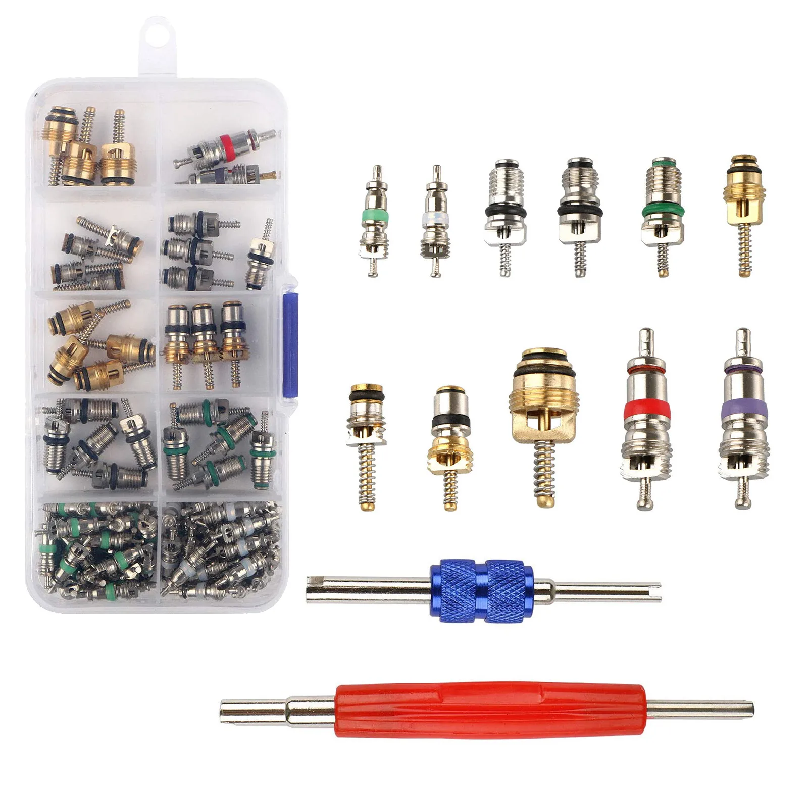 102Pcs Car A/C Air Conditioning Refrigeration R134a Valve Core Assortment Kit Set Handy Valve Core Removal Tubeless Tool Valve