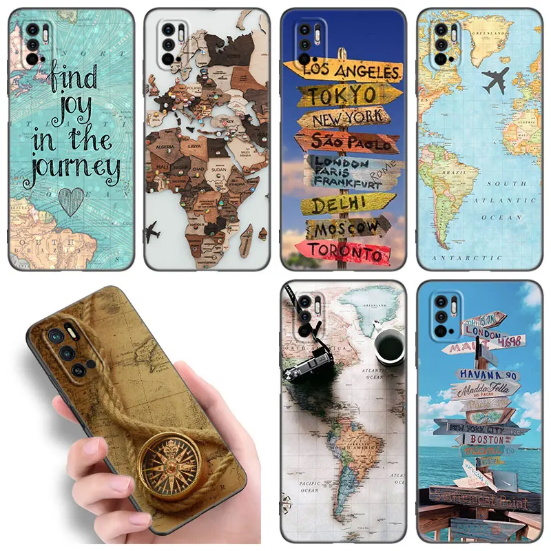 World Map Travel Phone Case For Xiaomi Redmi Note 11E 11T 5 6 7 8 9 10 11 Pro 11S 4G 10T 5G 9S 10S 8T Soft TPU Black Cover