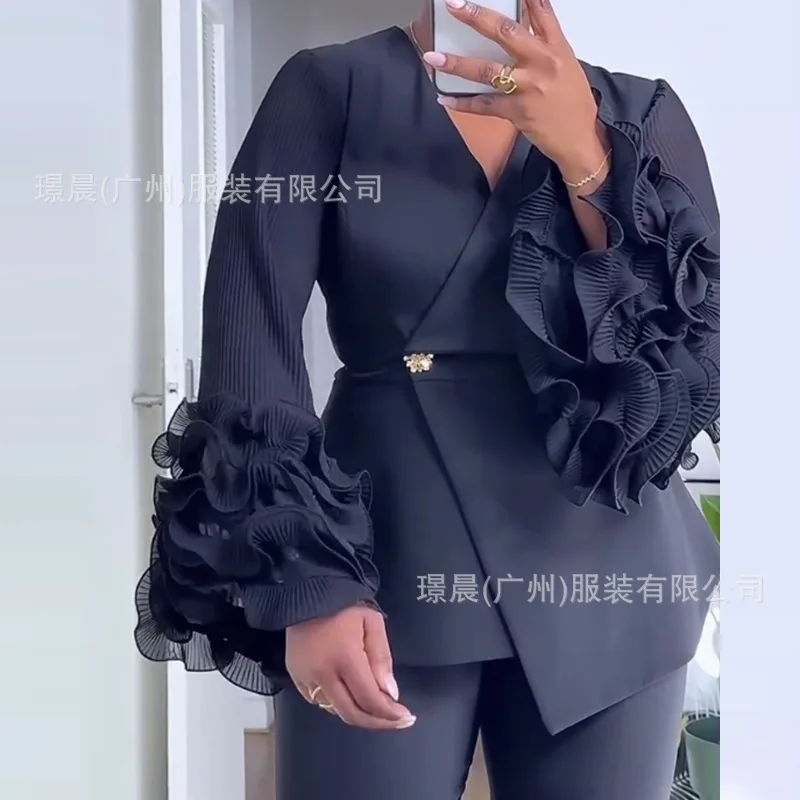 Ensemble assorti Blazer à manches longues Veste de costume Pantalon à bordure en dentelle Ensemble 2