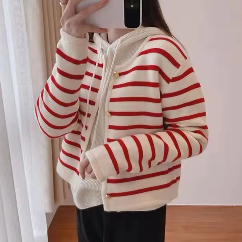 

Женский кардиган с длинным рукавом, осенне-зимний, в полоску, с круглым вырезом, вязаный топ, женская корейская мода, базовый вязаный кардиган