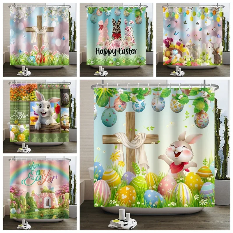 Spring Easter Shower Curtain Happy Rabbit Bunny Eggs Flower Garden Floral Holiday Waterproof Bathroom Shower Curtain With Hooks