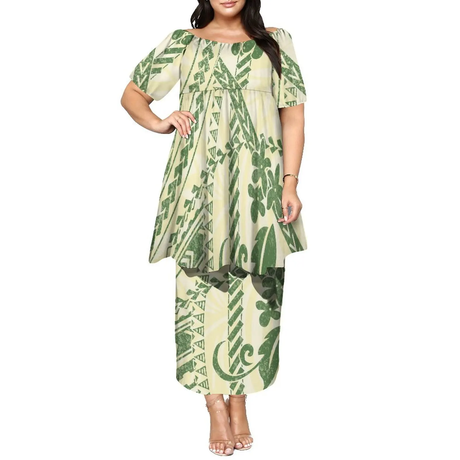 Vestido feminino estampado polinésio personalizável, sem impostos, manga borboleta, manga média, camada dupla, design, vestido puletasi