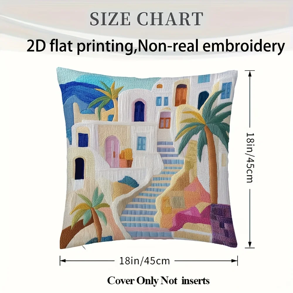 1pc 2D Flat (Pillow Not Included) Mediterranean Village Palm Trees Cushion Cover Short PlushCoastal Travel DecorThrow PillowCase
