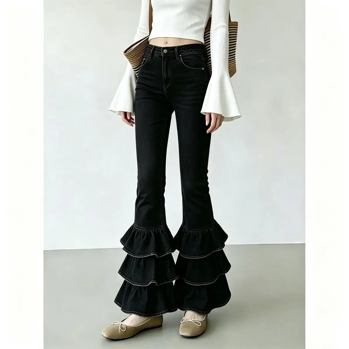 Retro Fashion Jeans Women's 2026 Autumn and Winter New High Waist Ruffled Design Slim Fit Trousers