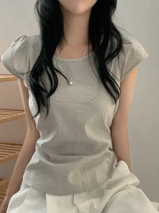 Ele Chic ort Sve irt Women's round Ne Rope Waist Tie Summer New Sle Classy Top Quali Material Faionable Wo...