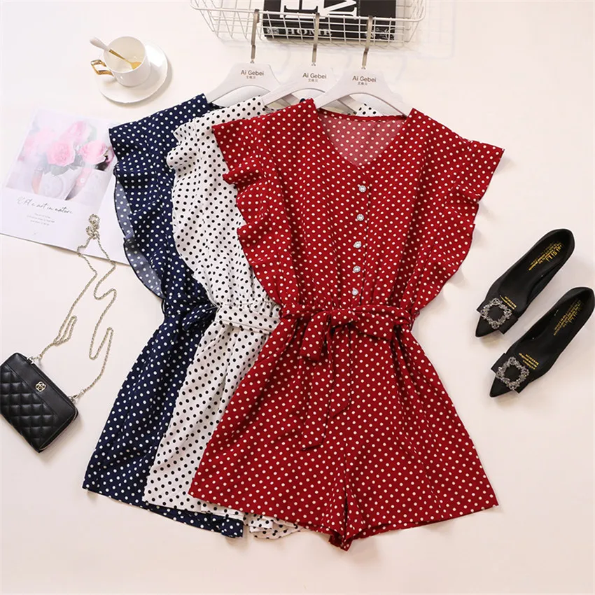 

Gowyimmes 2022 Korean Version Women Ruffles Dot Jumpsuit Lady High Waist Chiffon Rompers Straps Casual Bow Wide Leg Shorts 1295