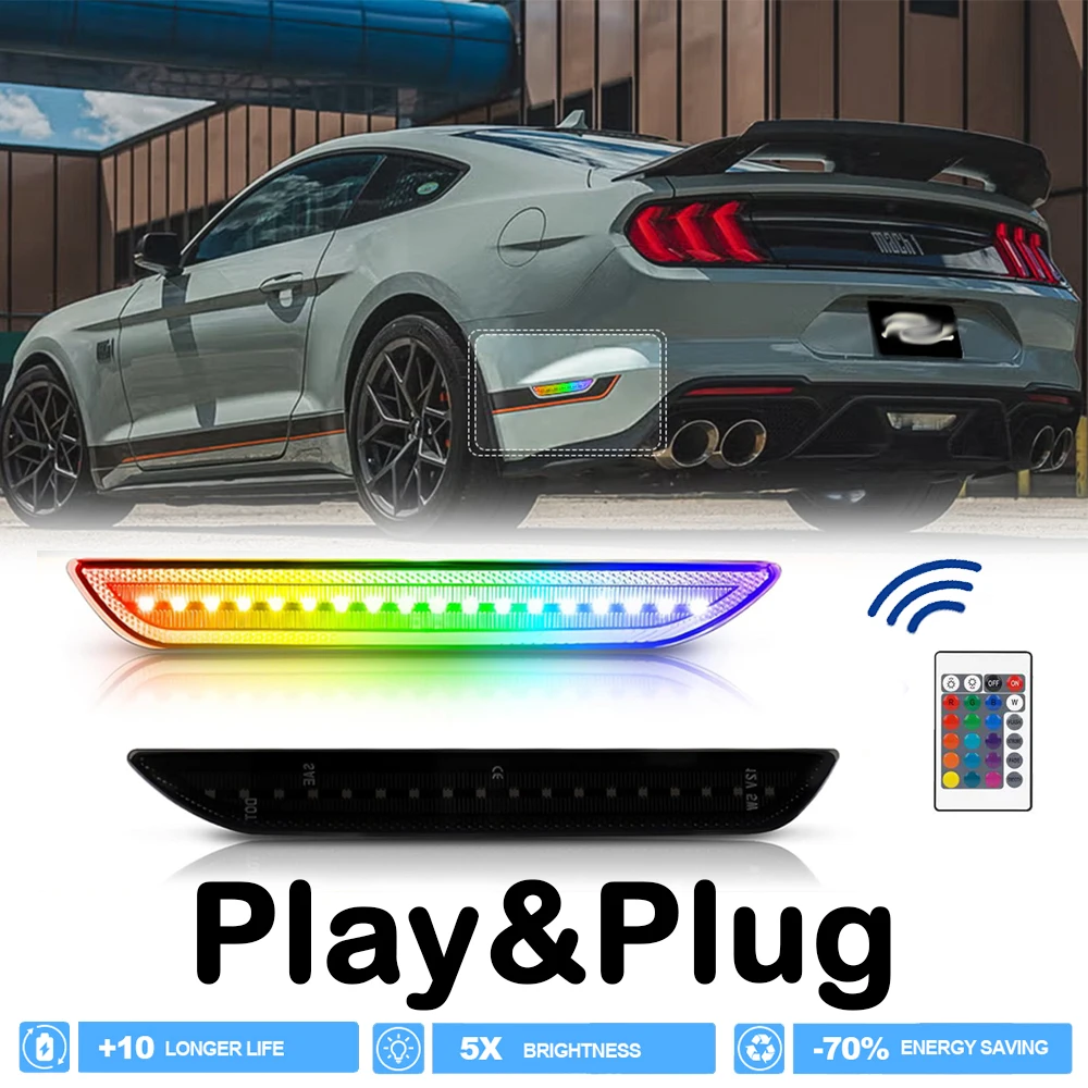 

2Pcs RGB Multi-Color LED Rear Bumper Side Marker Light Brake Warning Turn Signal Lamp for Ford Mustang 2015-2023 Auto Parts