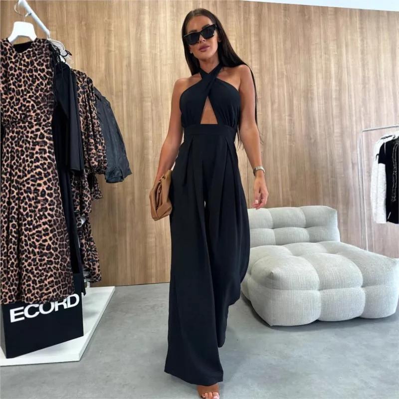 Summer Sexy Sleeveless Neck Halter Jumpsuits Women Fashion Solid Hollow Out Wide Leg Pants One Pieces Sets
