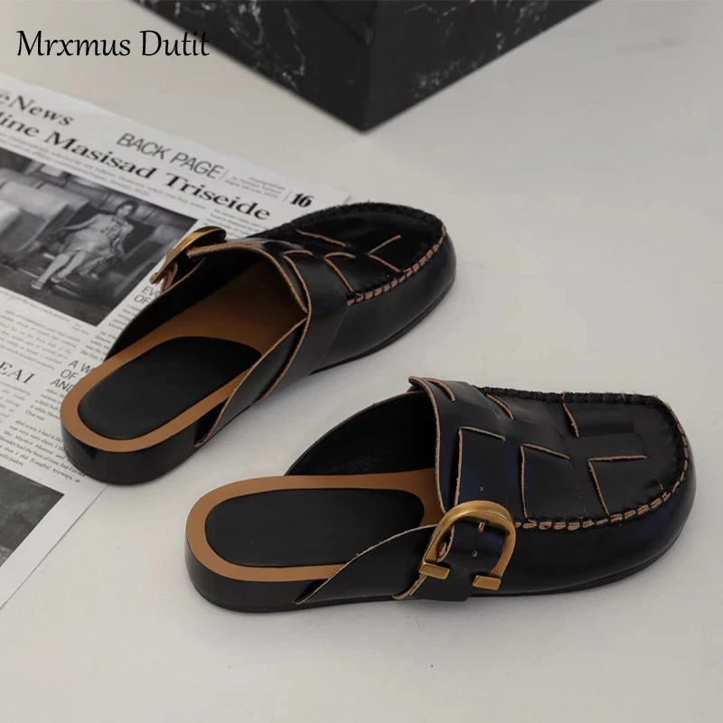 2023 Summer New Fashion Women New Genuine Leather Weave Flat Slippers Sandals Versatile Casual Burkane Shoe Female Chic