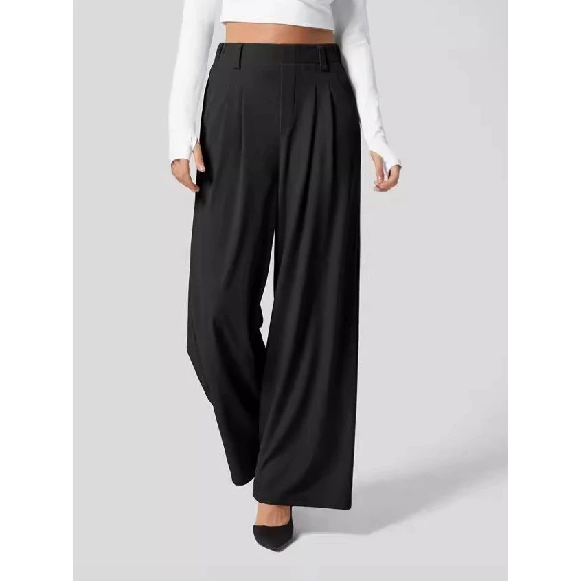 2025 New High Waist Wide Leg Loose Casual Pants Women's Versatile Long Trousers Commute Style Straight Cut Polyester Fiber