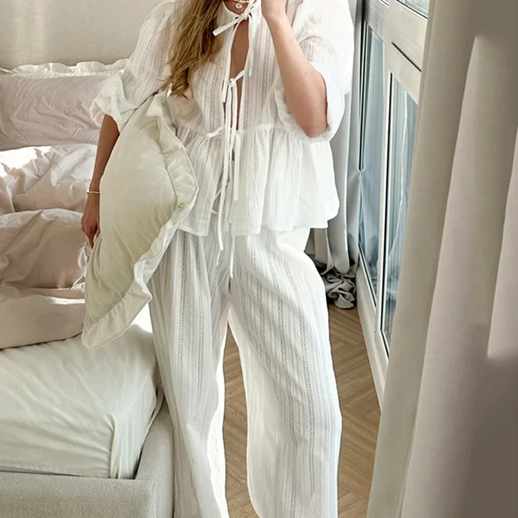Spring Autumn Women Pajamas Suit Lace Up Sleepwear Long Sleeve Nightgowns O-Neck Nightwear Pants Casual Ladies Home Clothes