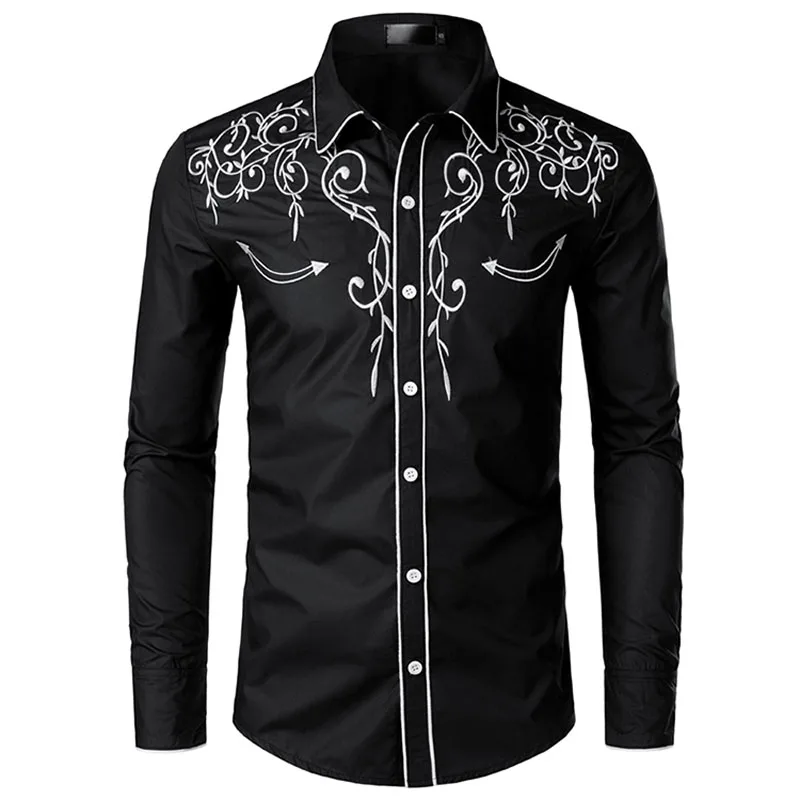 Western Cowboy Embroidery Shirts Men Casual Long Sleeve Slim Fit Shirt Male Wedding Party Social Men\'s Club Prom Chemise Homme