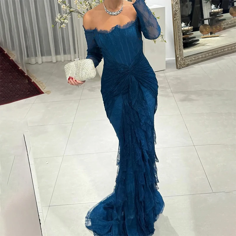 Robes de soirée formelles en dentelle bleu foncé, épaules dénudées, manches longues plissées, robes de bal de forme sirène, personnalisées