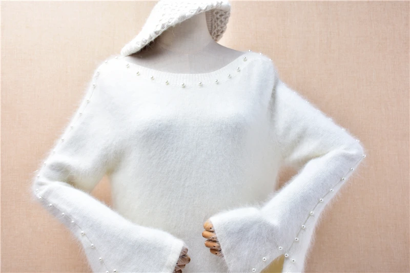 Ladies Women Autumn Winter Clothing Fashion Beige Beading Hairy Angora Rabbit Hair Slash Neck Slim Blouses Pullover Sweater Pull