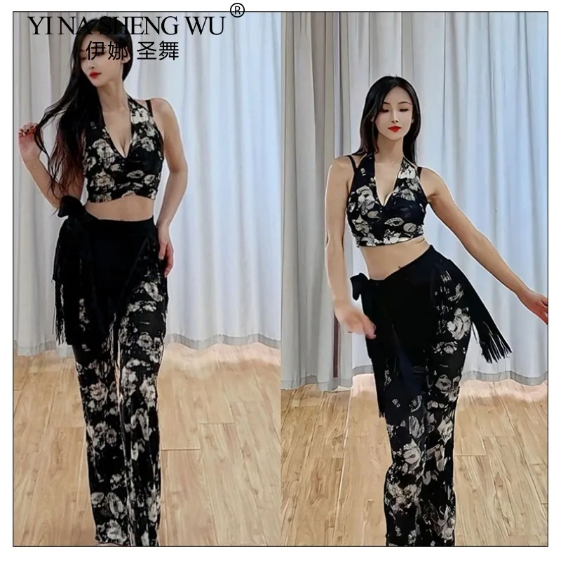 Buikdansoefenoutfit voor dames Zwart Wit Crop Top met bloemen en lange broek Oosterse dans Podiumtraining Prestatiekleding
