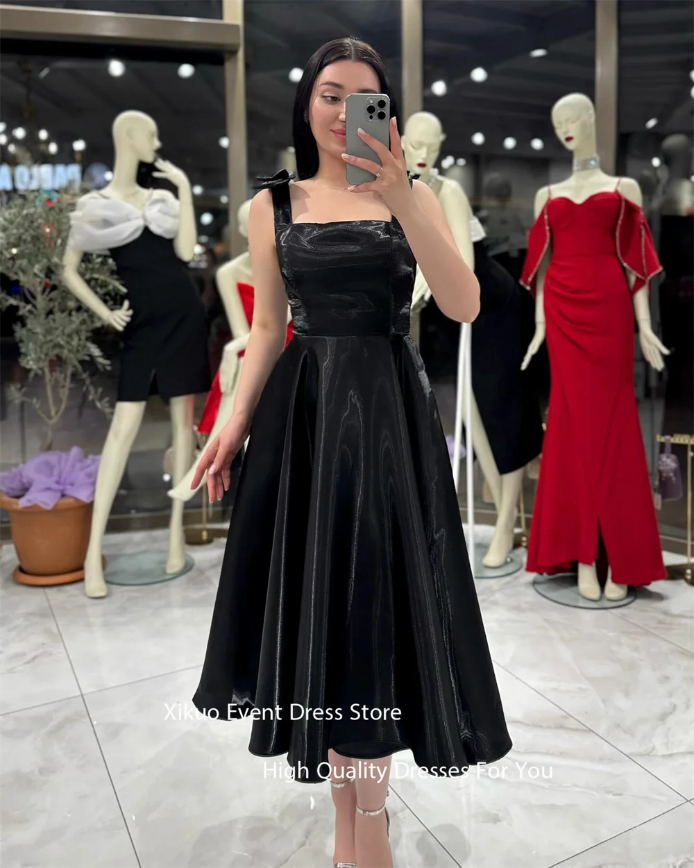 فستان سهرة أنيق باللون الأزرق الداكن من Xikuo بفتحة رقبة مربعة من Vestidos Largos بفيونكة لامعة بدون أكمام من Vestidos De Fiesta Mujer مخصص