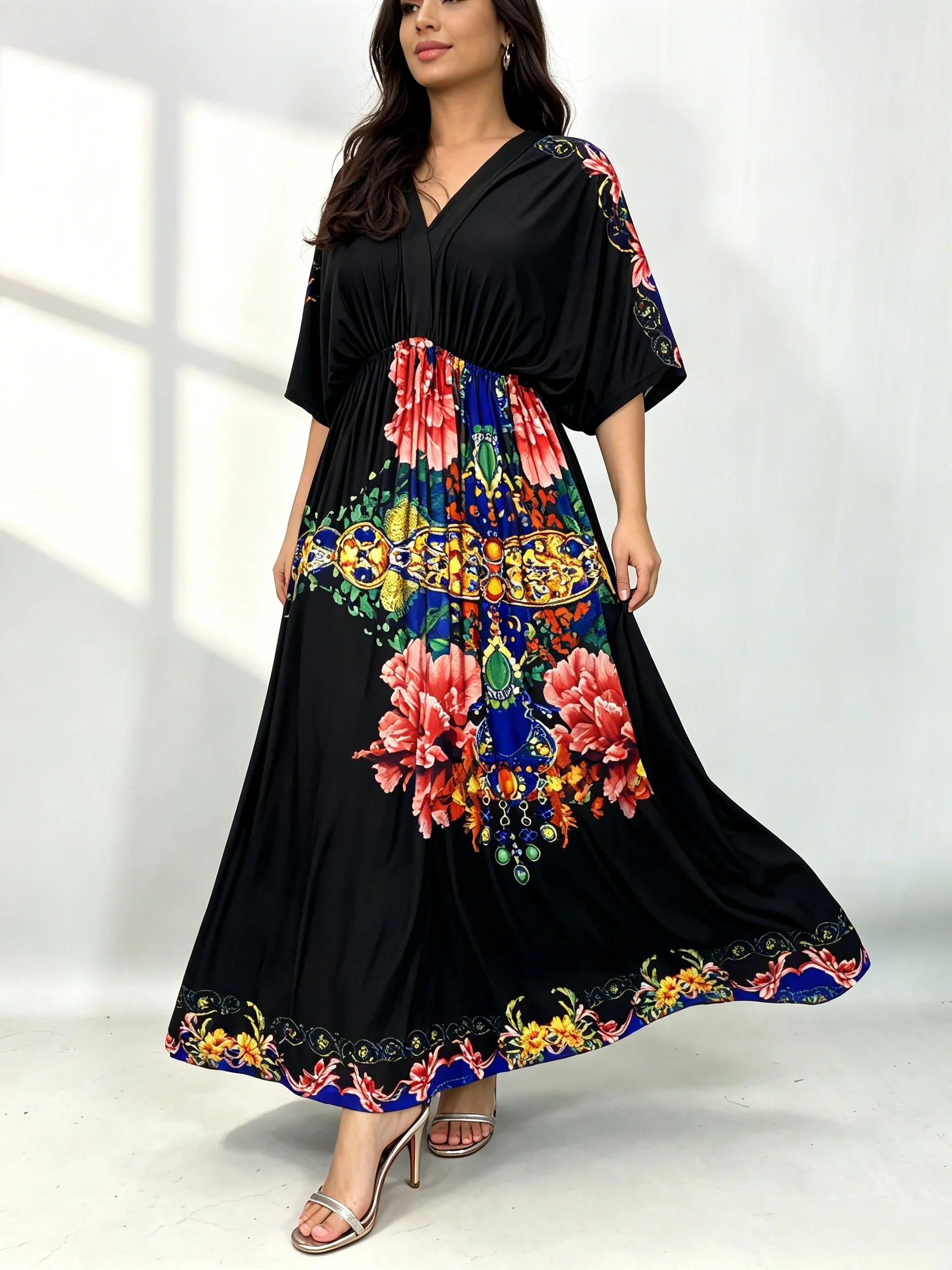 Plus Size Bohemian Summer Sweet Printed V-Neck Batwing Sleeved Beach Dress Women's Dress Ethnic Holiday Large Swing Midi Dress