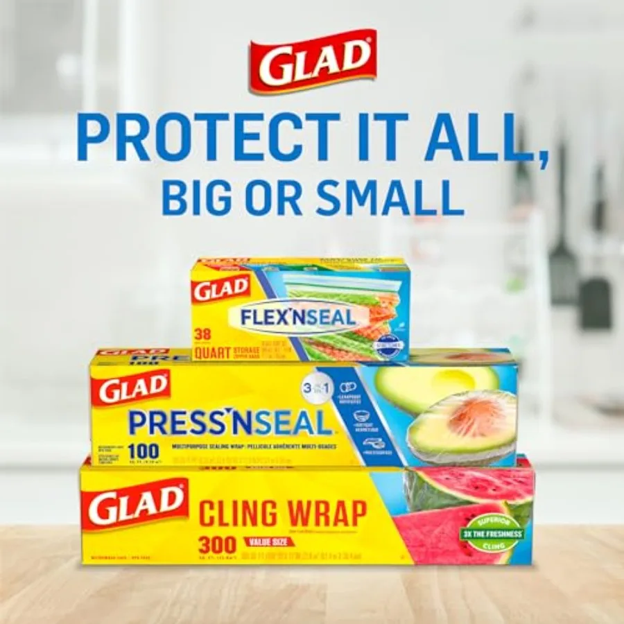 غلاف طعام بلاستيكي من Glad Press'N Seal مكون من 100 لفة قدم مربعة مكونة من 3 قطع مثالية لتخزين المطبخ وإعداد الوجبات والحفاظ على الطعام