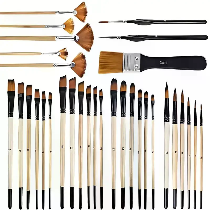 

32Pcs Paint Brush Set For Acrylic Painting Premium Nylon Bristles With Round Filbert,Flat,Fan,Angle,Fine Detail Brush For Artist