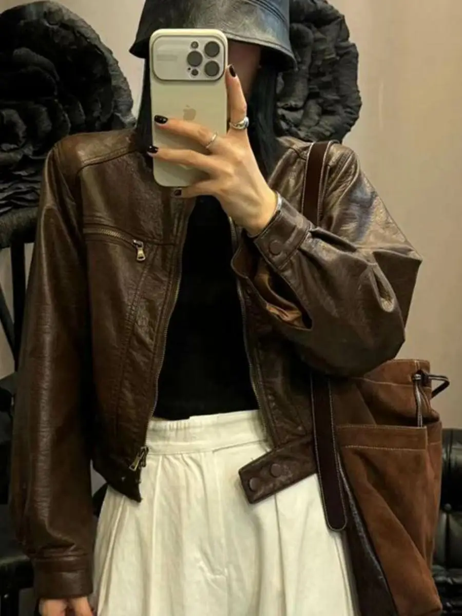 

Короткая женская куртка из искусственной кожи в американском стиле, осенняя новинка, с воротником-стойкой, модная, с длинными рукавами