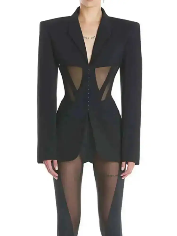 Fashion Women Blazer Notched Collar Full Sleeve Hidden Breasted Lace Patchwork Waist Black Jacket Autumn 2026 New 177B6F